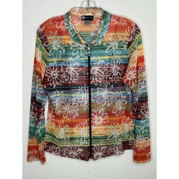 Damee Inc Jacket Womens Medium Rainbow Floral Mesh Studded Zip Stretch Vintage - Picture 2 of 13